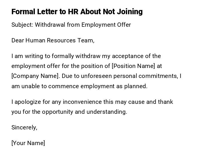 Formal Letter to HR About Not Joining