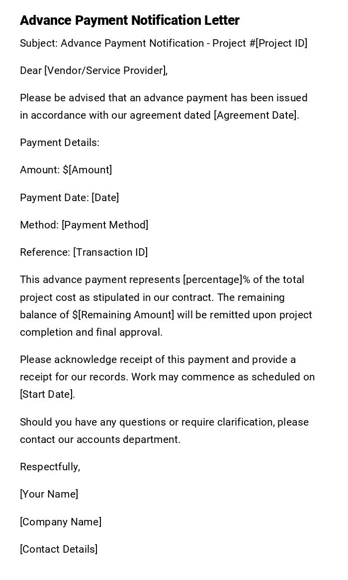 Advance Payment Notification Letter