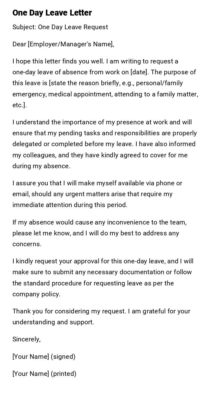 One Day Leave Letter One Day Leave Letter