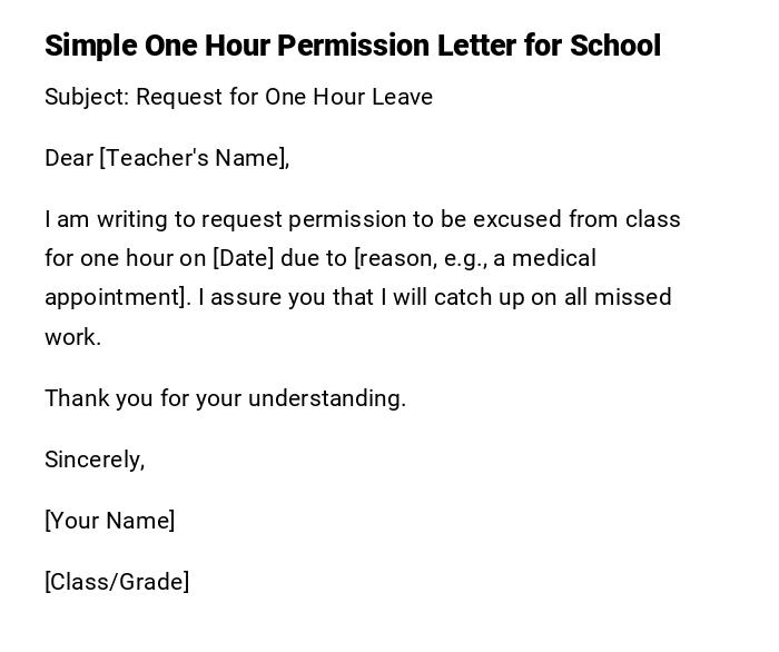 Simple One Hour Permission Letter for School