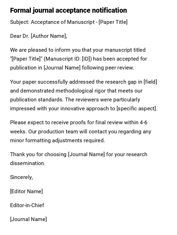 Formal journal acceptance notification