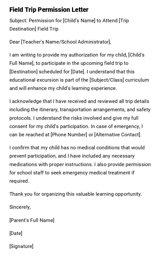 Field Trip Permission Letter