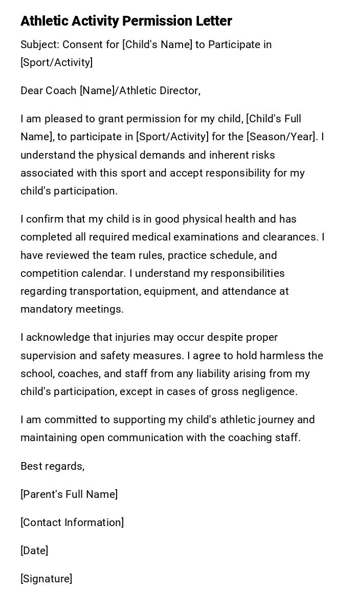 Athletic Activity Permission Letter