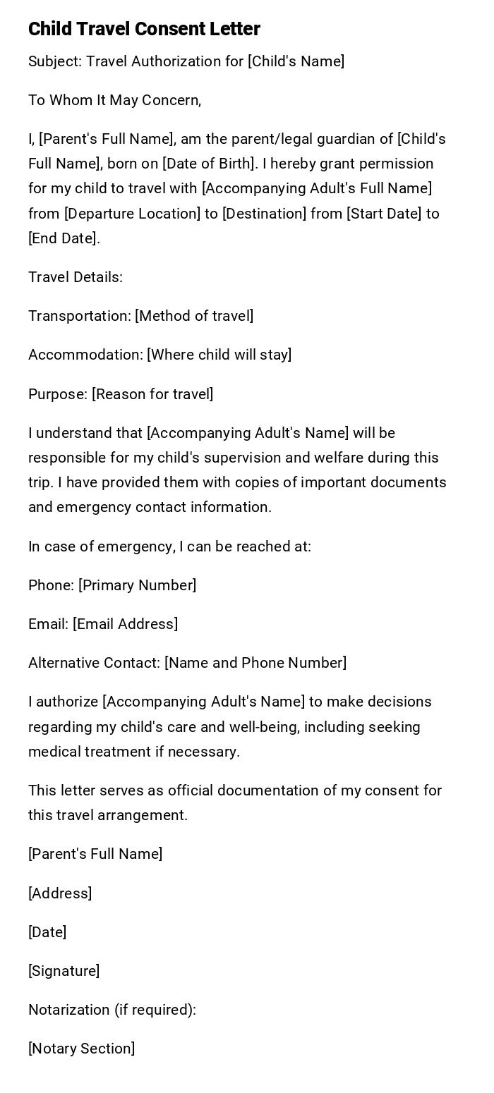 Child Travel Consent Letter
