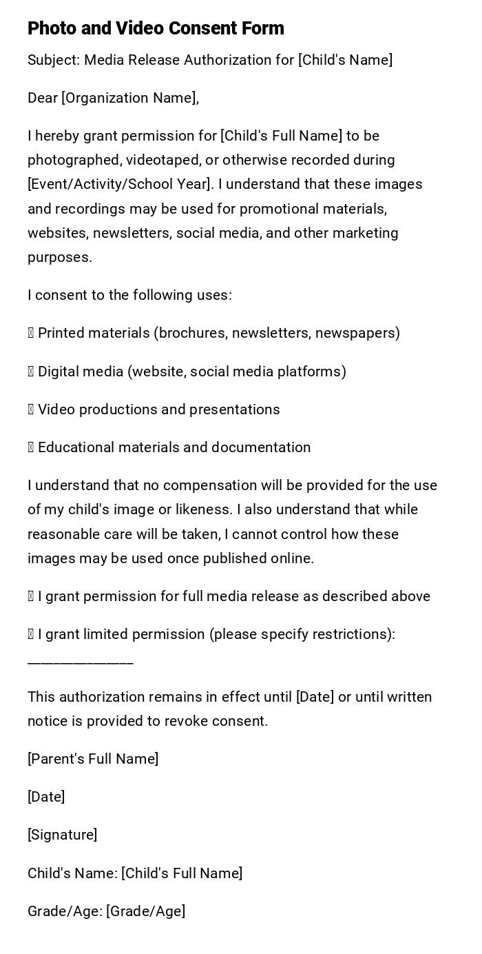 Photo and Video Consent Form