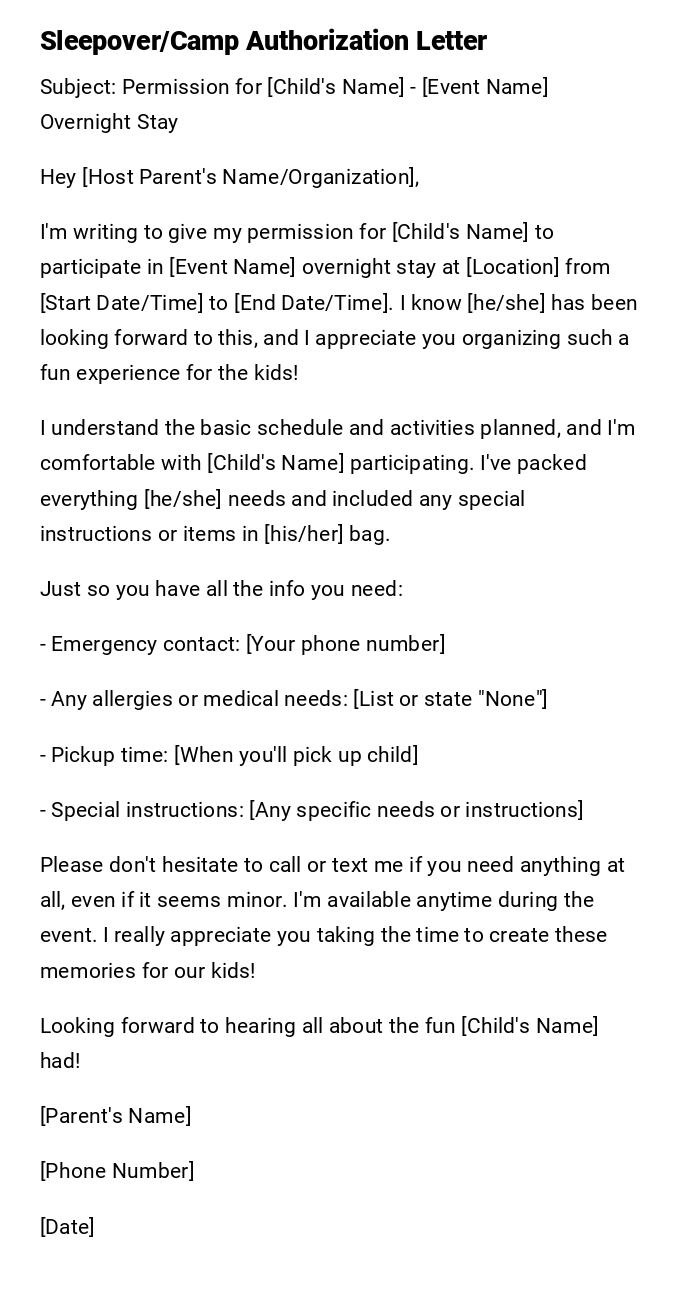 Sleepover/Camp Authorization Letter