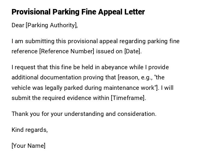 Provisional Parking Fine Appeal Letter