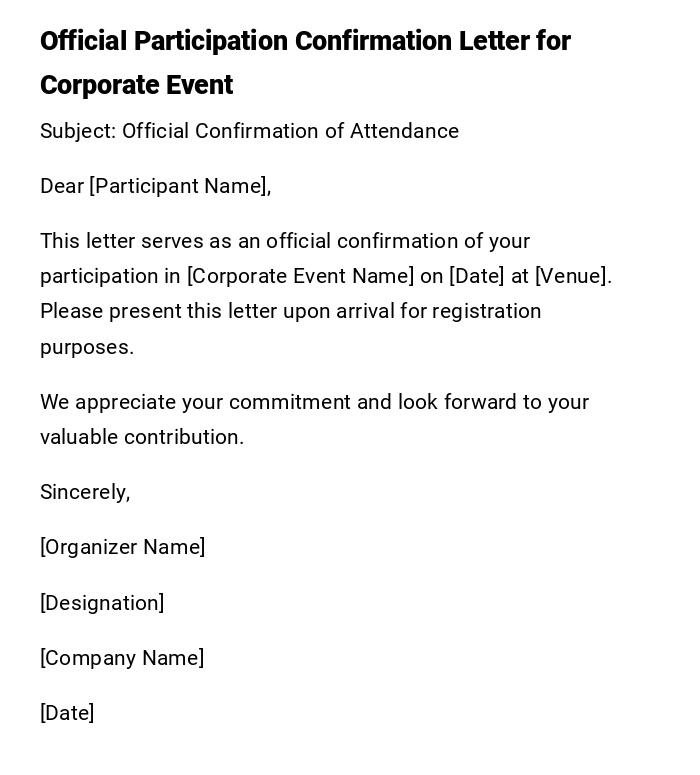 Official Participation Confirmation Letter for Corporate Event