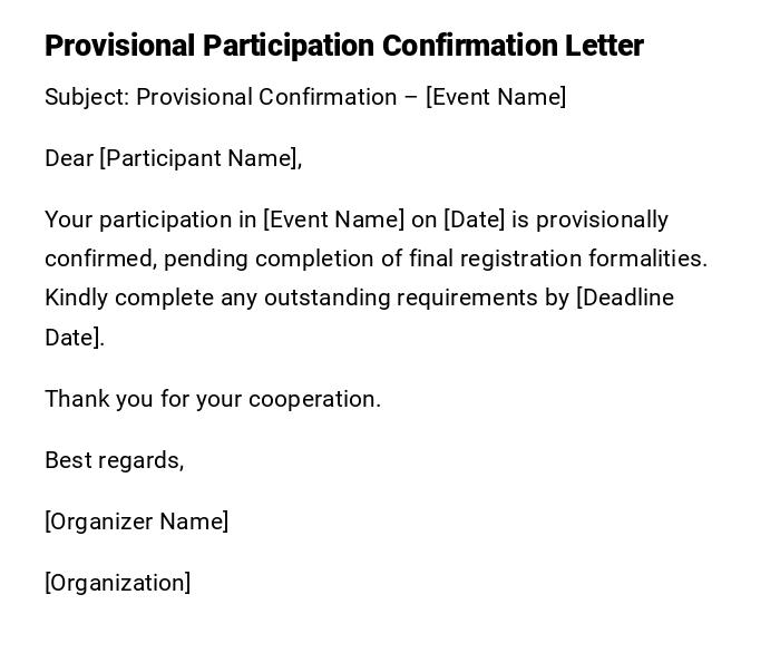 Provisional Participation Confirmation Letter