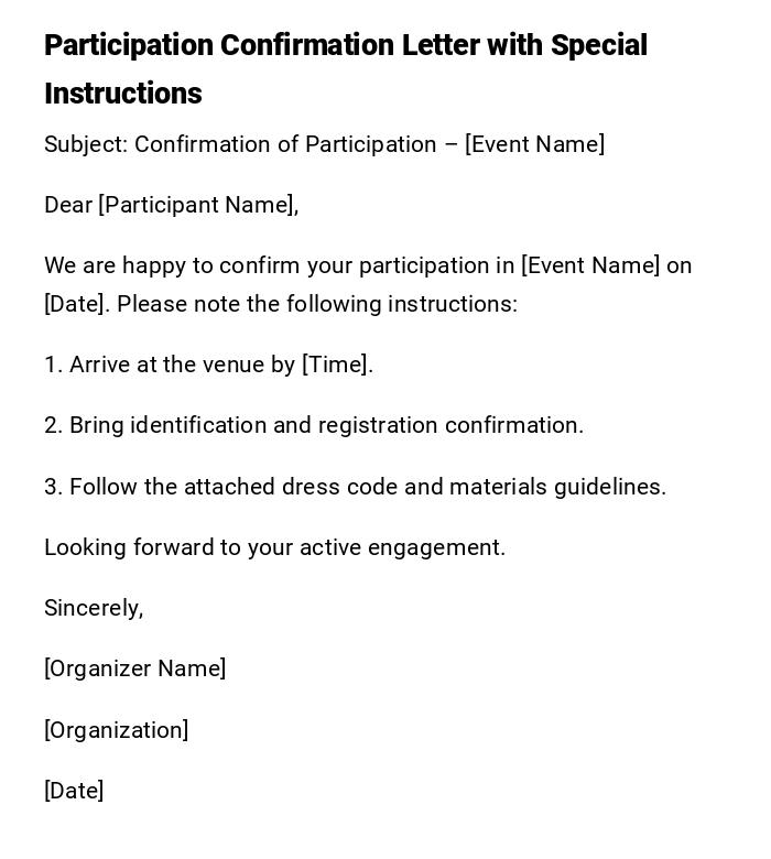 Participation Confirmation Letter with Special Instructions