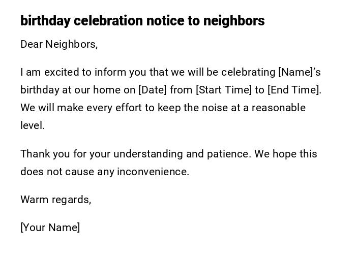 birthday celebration notice to neighbors