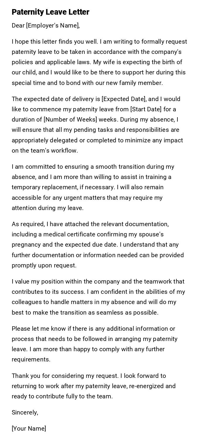 Paternity Leave Letter Paternity Leave Letter
