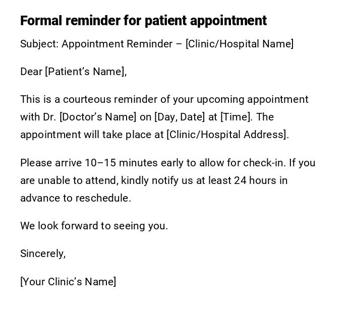 Formal reminder for patient appointment