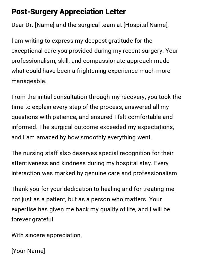 Post-Surgery Appreciation Letter