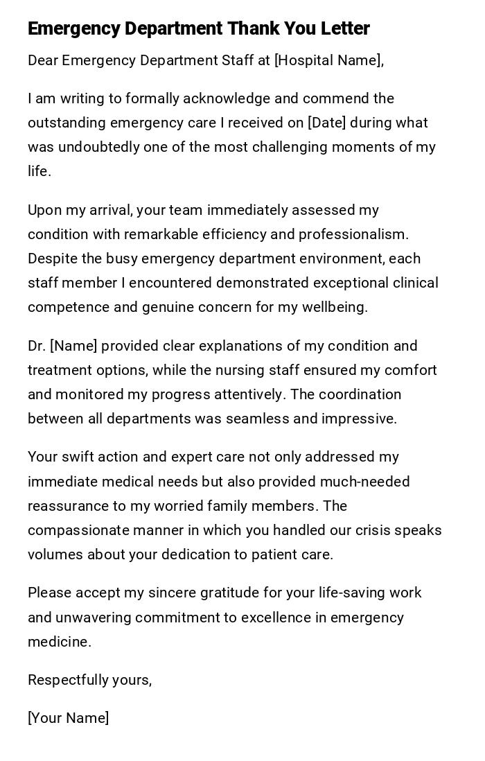 Emergency Department Thank You Letter