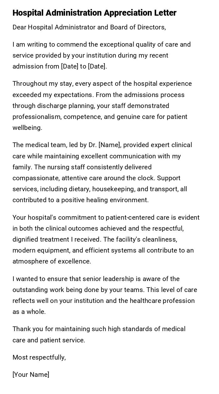 Hospital Administration Appreciation Letter