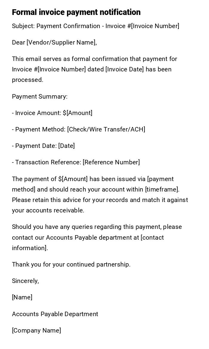 Formal invoice payment notification