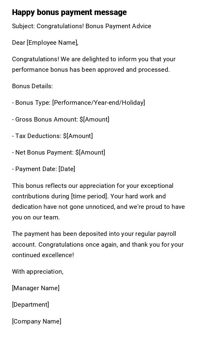 Happy bonus payment message