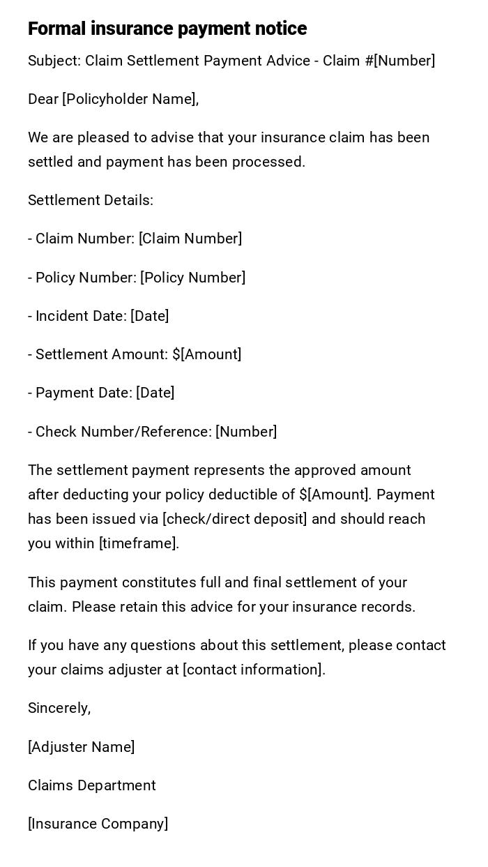 Formal insurance payment notice