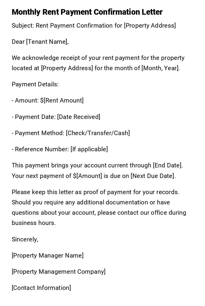 Monthly Rent Payment Confirmation Letter