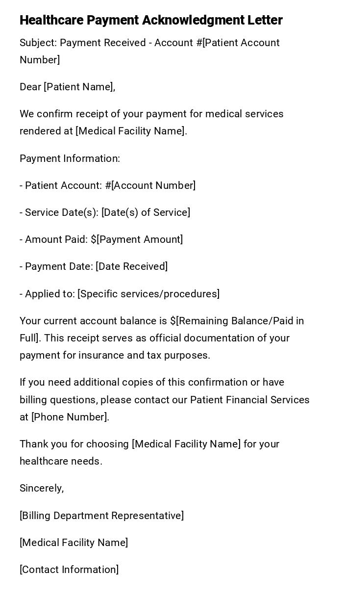 Healthcare Payment Acknowledgment Letter