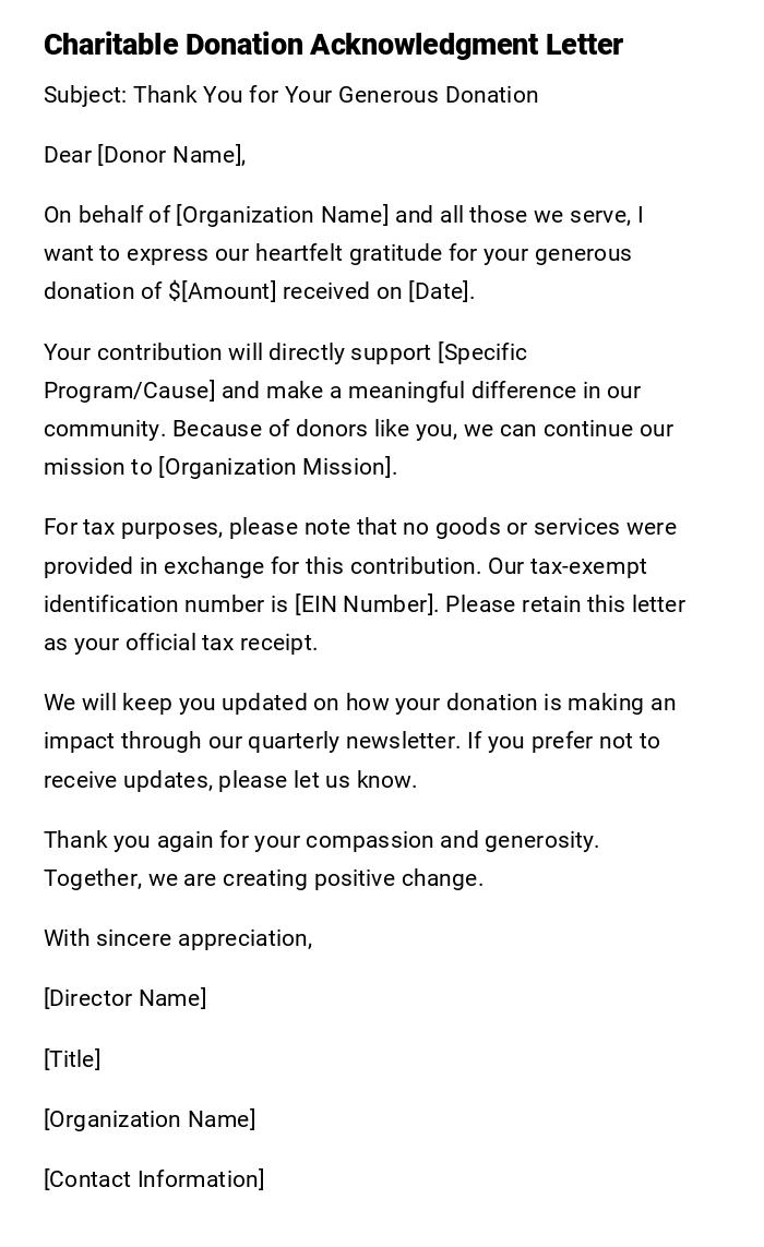 Charitable Donation Acknowledgment Letter