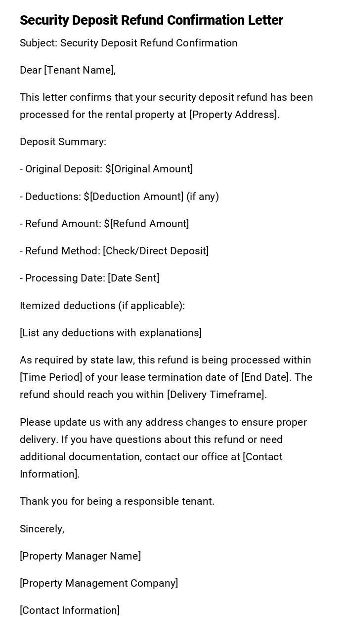 Security Deposit Refund Confirmation Letter