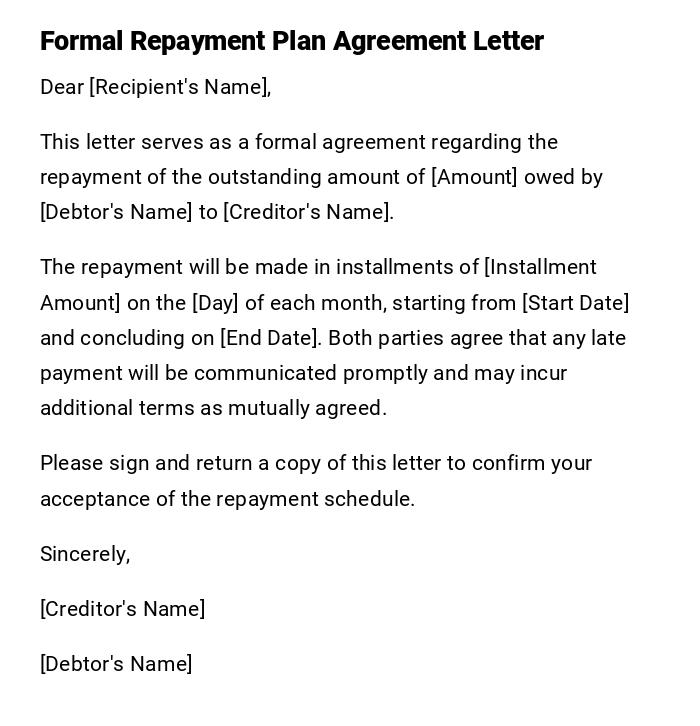 Formal Repayment Plan Agreement Letter