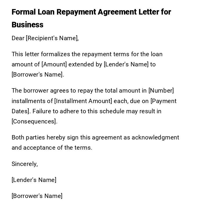 Formal Loan Repayment Agreement Letter for Business