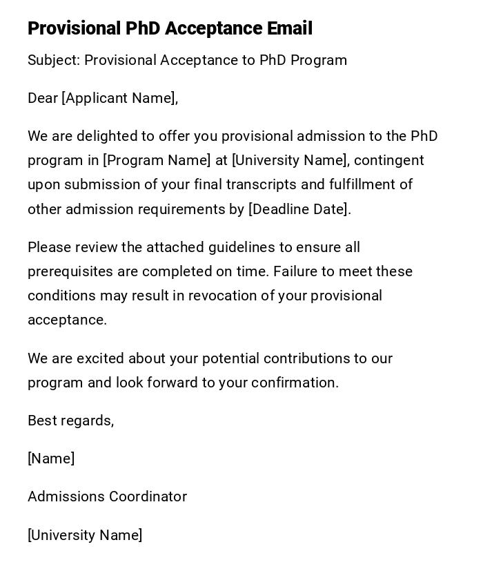 Provisional PhD Acceptance Email