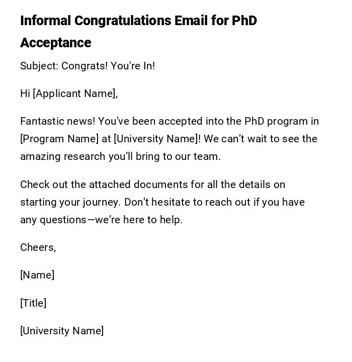 Informal Congratulations Email for PhD Acceptance