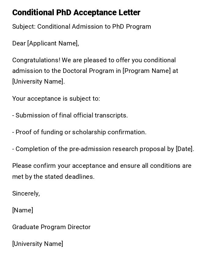Conditional PhD Acceptance Letter