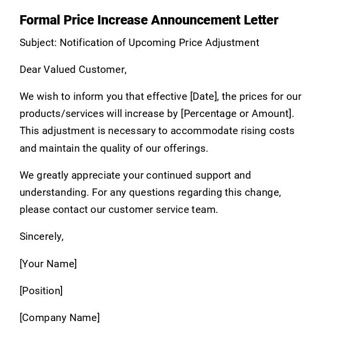 Formal Price Increase Announcement Letter
