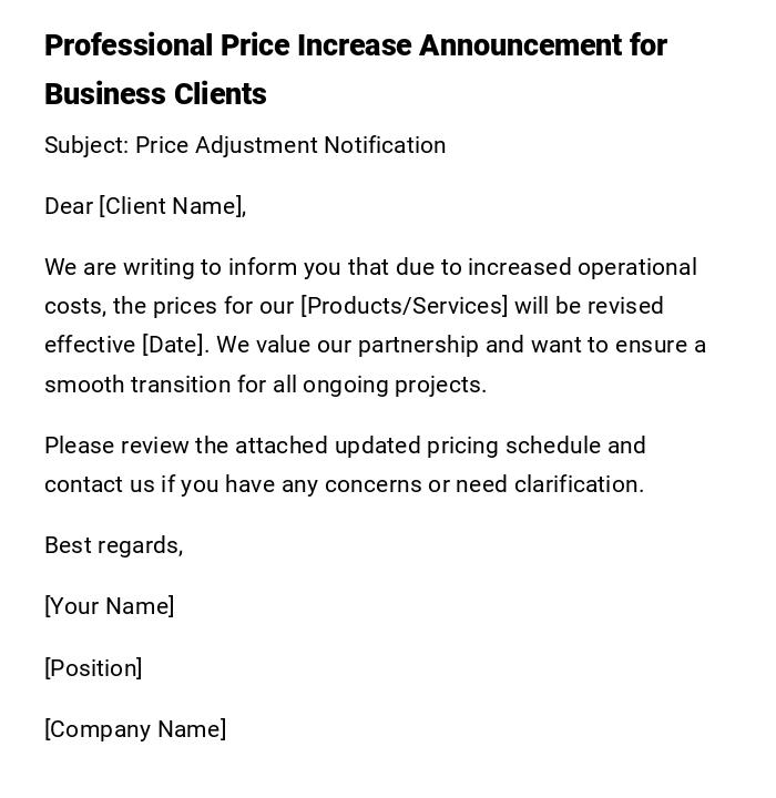 Professional Price Increase Announcement for Business Clients