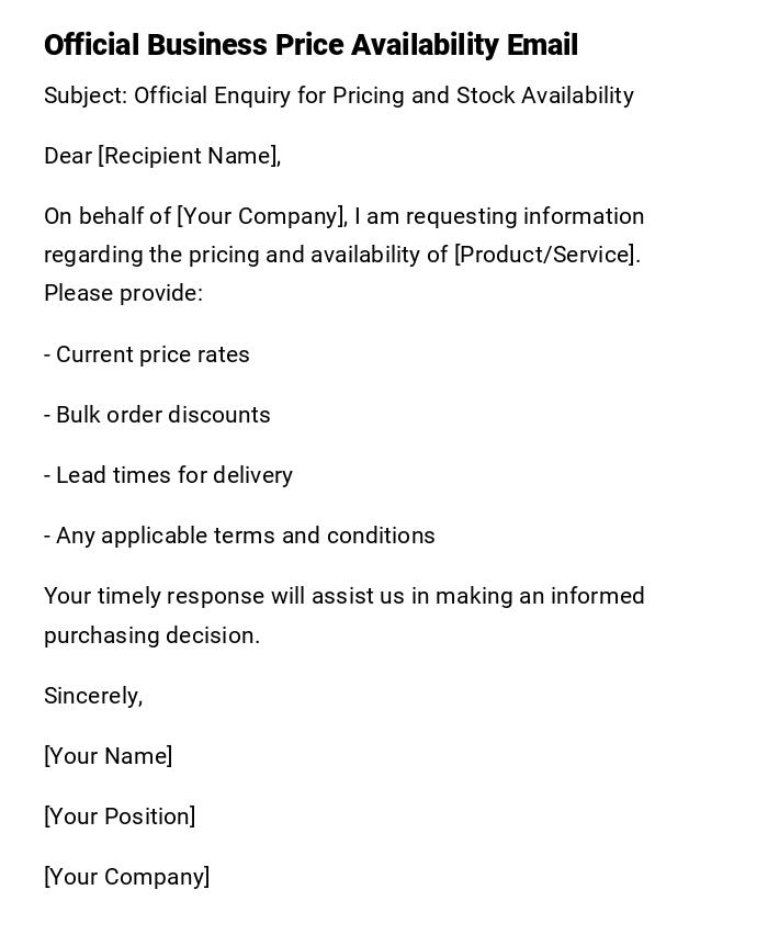 Official Business Price Availability Email