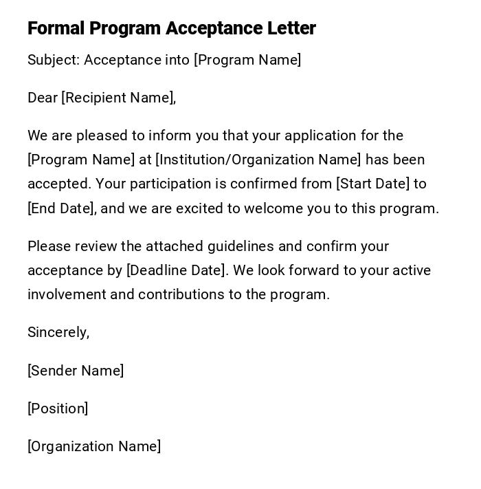 Formal Program Acceptance Letter