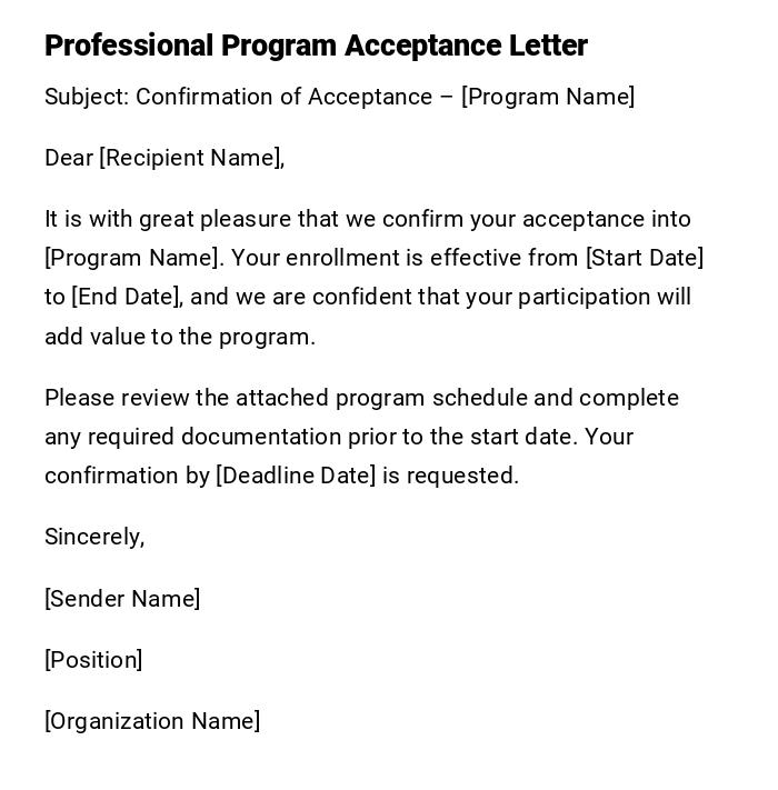 Professional Program Acceptance Letter