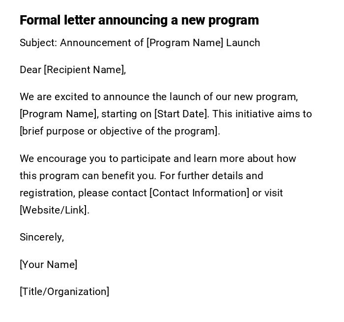 Formal letter announcing a new program