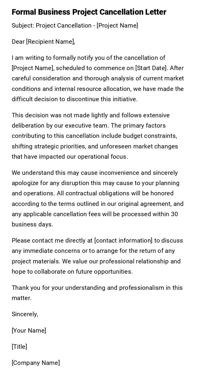 Formal Business Project Cancellation Letter