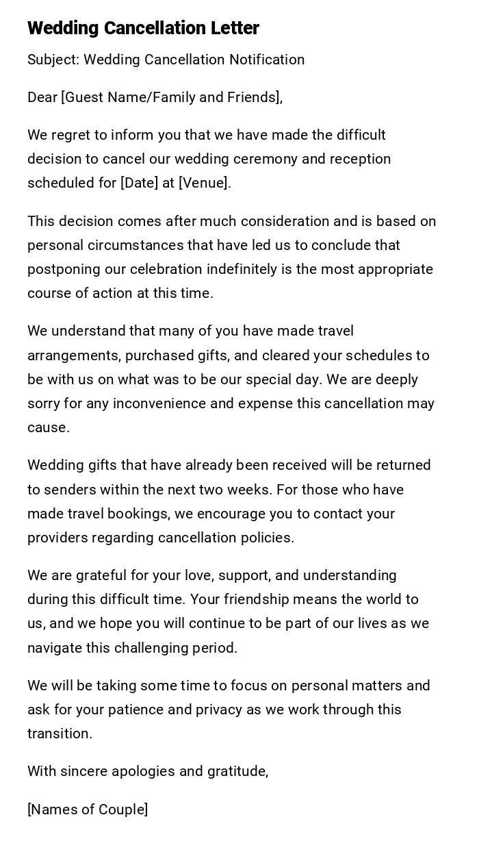Wedding Cancellation Letter