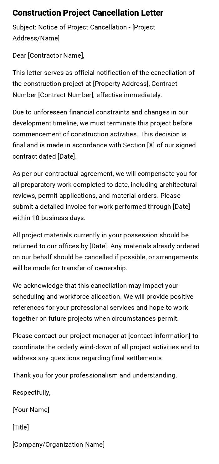 Construction Project Cancellation Letter