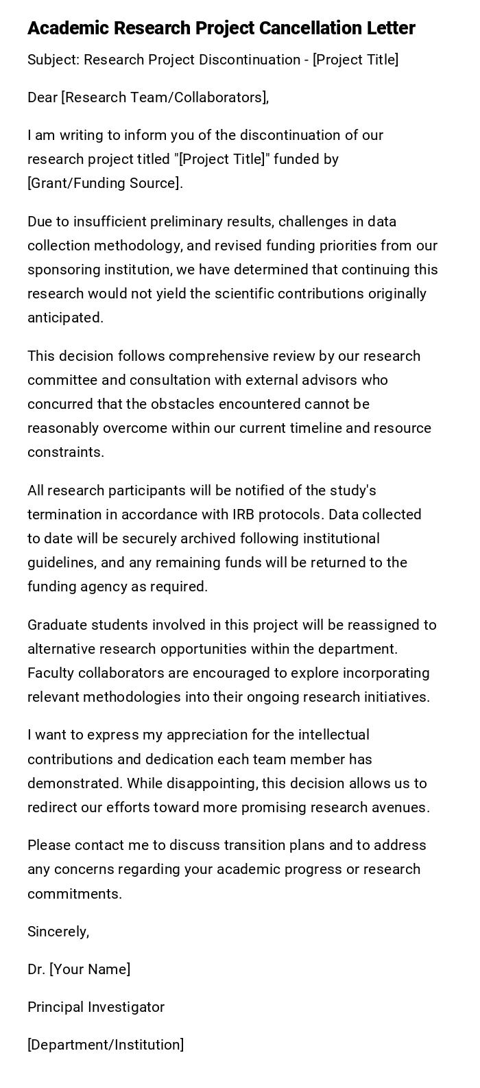Academic Research Project Cancellation Letter