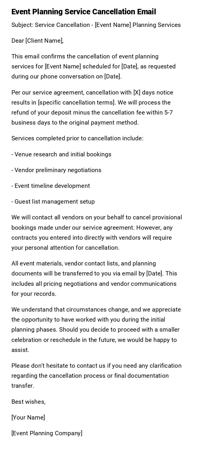 Event Planning Service Cancellation Email