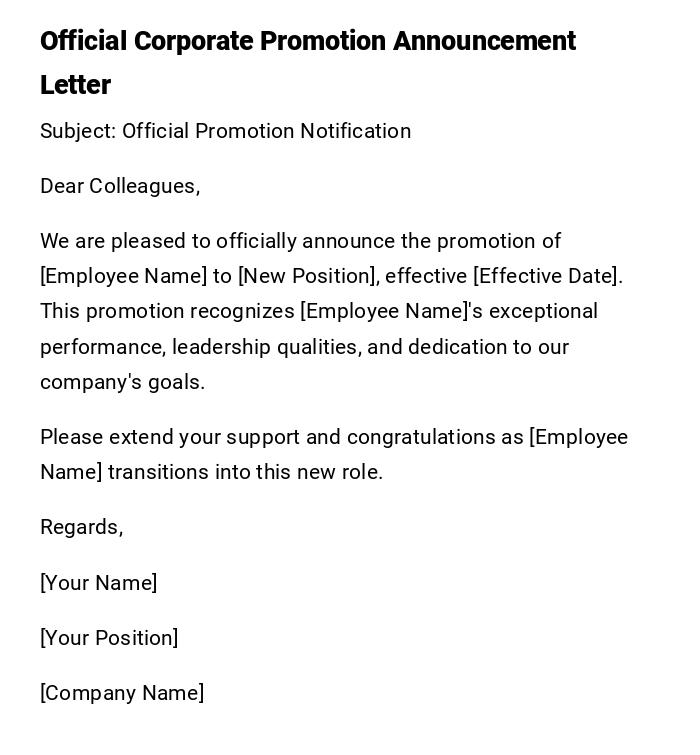 Official Corporate Promotion Announcement Letter