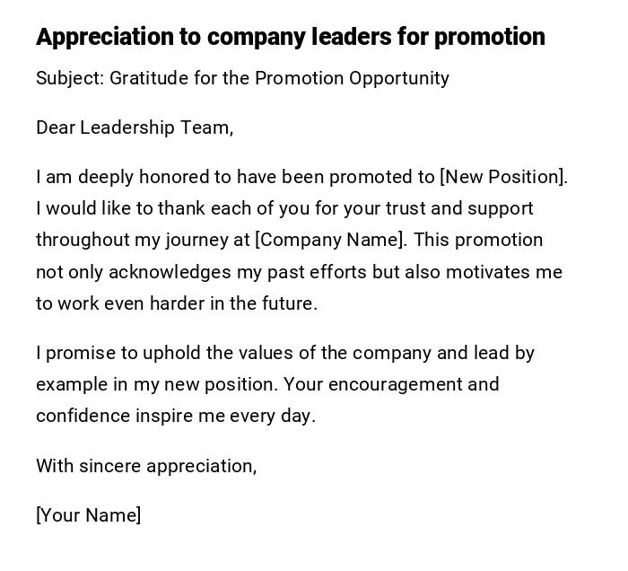 Appreciation to company leaders for promotion