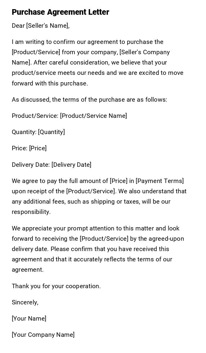 Purchase Agreement Letter Purchase Agreement Letter