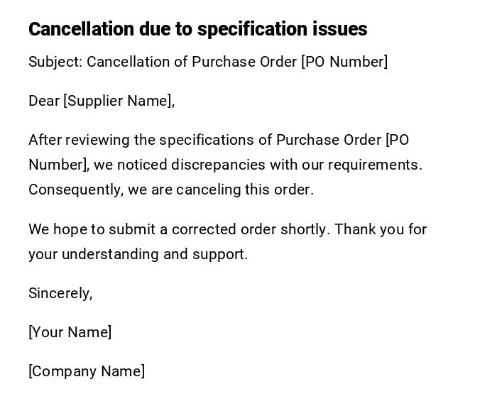 Cancellation due to specification issues