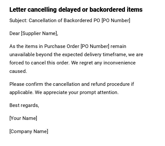 Letter cancelling delayed or backordered items