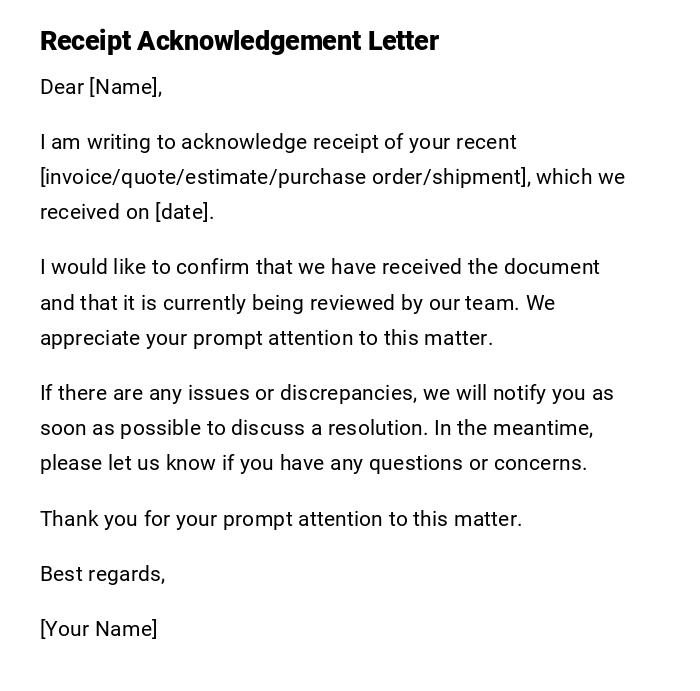 Receipt Acknowledgement Letter Receipt Acknowledgement Letter