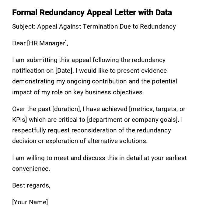 Formal Redundancy Appeal Letter with Data